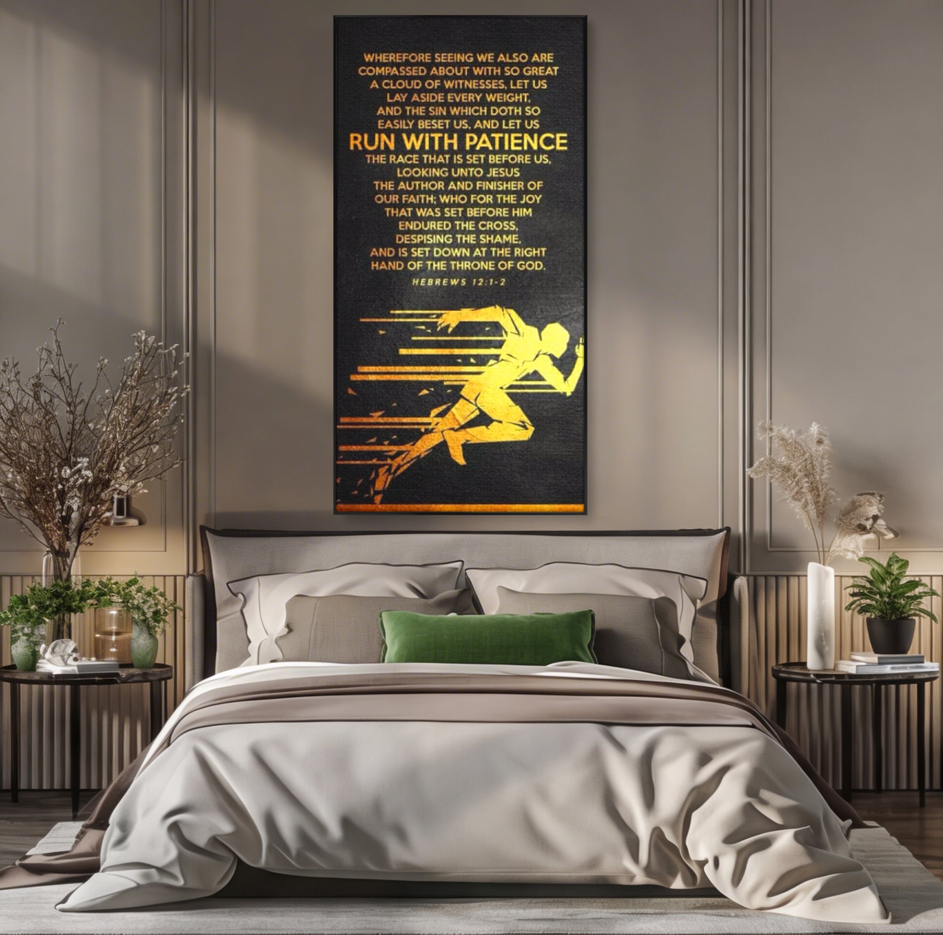 Tablou canvas cu tablou canvas cu alergator si verset biblic, in rama de aluminiu negru, pe perete intr-un dormitor